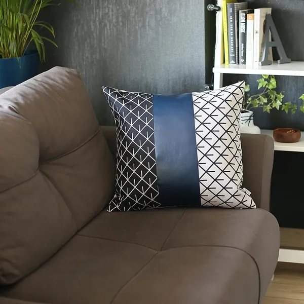 Nova Home Boho Chic Leather & Jacquard Cushion Cover - 45x45 cm - Navy & Black product thumbnail 3
