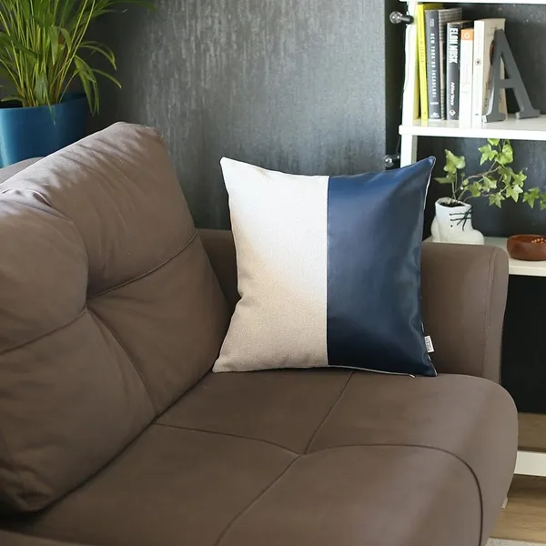 Nova Home Boho Chic Leather & Jacquard Cushion Cover - 45x45 cm - Navy & Offwhite product thumbnail 2
