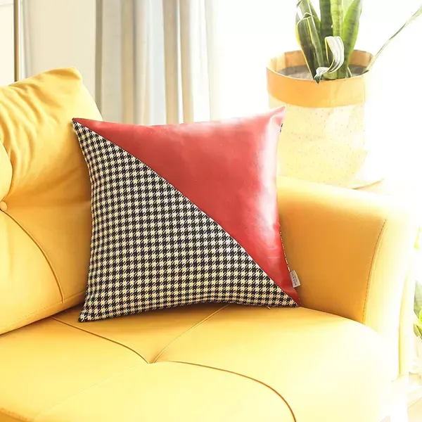 Nova Home Boho Chic Leather & Jacquard Cushion Cover - 45x45 cm - Red product thumbnail 2