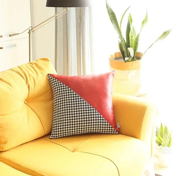 Nova Home Boho Chic Leather & Jacquard Cushion Cover - 45x45 cm - Red product thumbnail 3