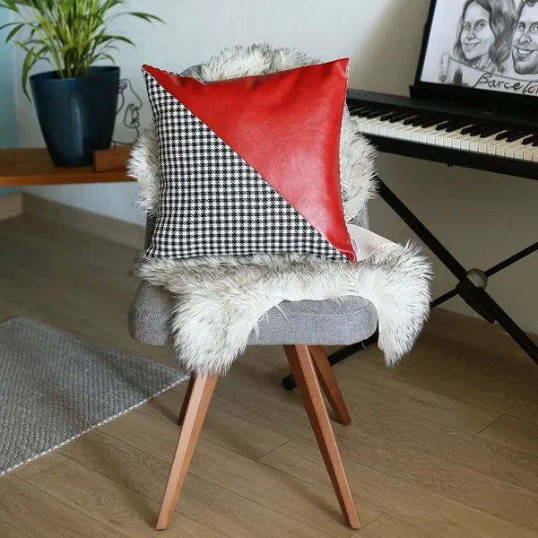 Nova Home Boho Chic Leather & Jacquard Cushion Cover - 45x45 cm - Red product thumbnail 4