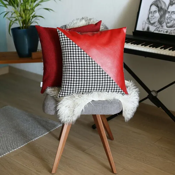 Nova Home Boho Chic Leather & Jacquard Cushion Cover - 45x45 cm - Red product thumbnail 5