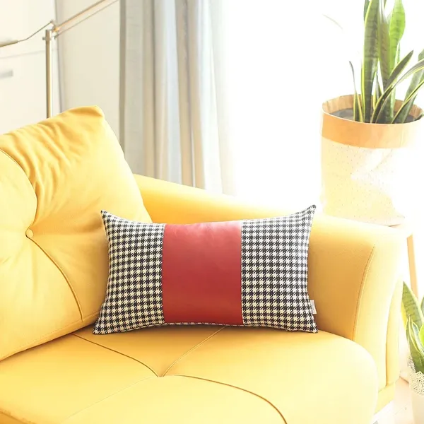 Nova Home Boho Chic Leather & Jacquard Cushion Cover - 30x50 cm - Red product thumbnail 3