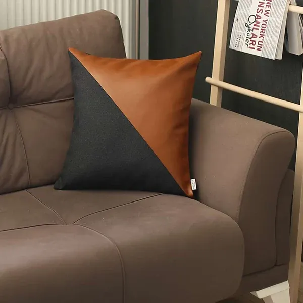 Nova Home Boho Chic Leather & Jacquard Cushion Cover - 45x45 cm - Brown & Black product thumbnail 2