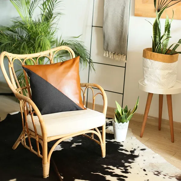 Nova Home Boho Chic Leather & Jacquard Cushion Cover - 45x45 cm - Brown & Black product thumbnail 3