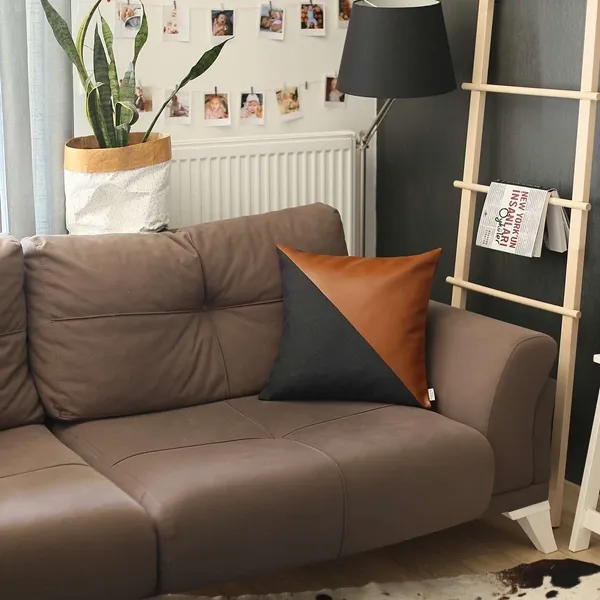 Nova Home Boho Chic Leather & Jacquard Cushion Cover - 45x45 cm - Brown & Black product thumbnail 4