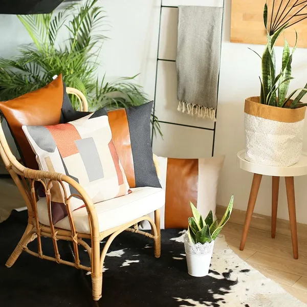 Nova Home Boho Chic Leather & Jacquard Cushion Cover - 45x45 cm - Brown & Black product thumbnail 5