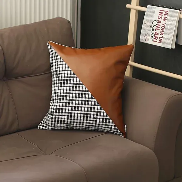 Nova Home Boho Chic Leather & Jacquard Cushion Cover - 45x45 cm - Brown product thumbnail 2