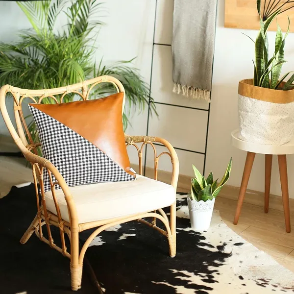 Nova Home Boho Chic Leather & Jacquard Cushion Cover - 45x45 cm - Brown product thumbnail 3