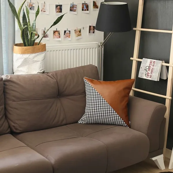 Nova Home Boho Chic Leather & Jacquard Cushion Cover - 45x45 cm - Brown product thumbnail 4