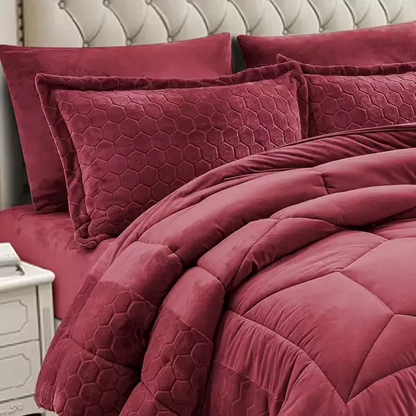 Nova Home Bee Cell Embossed Flannel Winter Comforter Set - Burgandy (Available in Sizes) product thumbnail 4