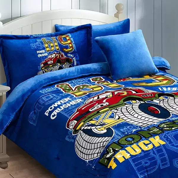 Nova Home Monster Truck Printed Velvet Flannel Winter Comforter Set - Single & Twin - 5 Pcs - Blue product thumbnail 3