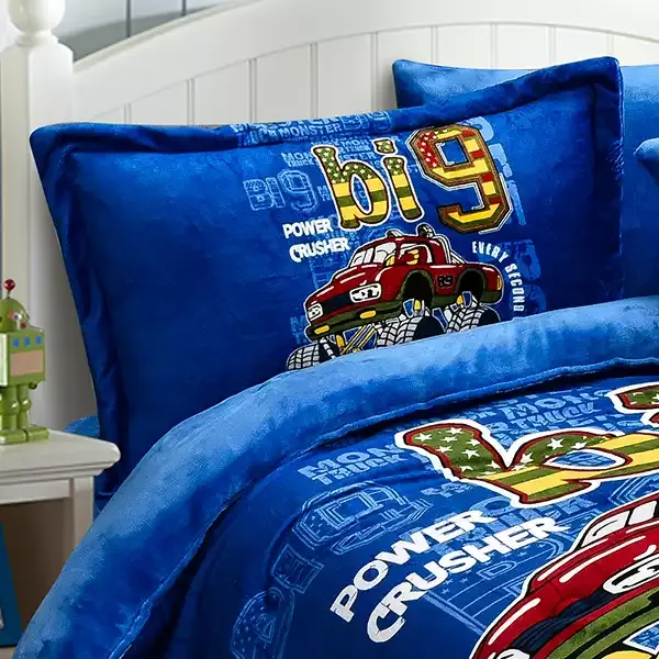 Nova Home Monster Truck Printed Velvet Flannel Winter Comforter Set - Single & Twin - 5 Pcs - Blue product thumbnail 5