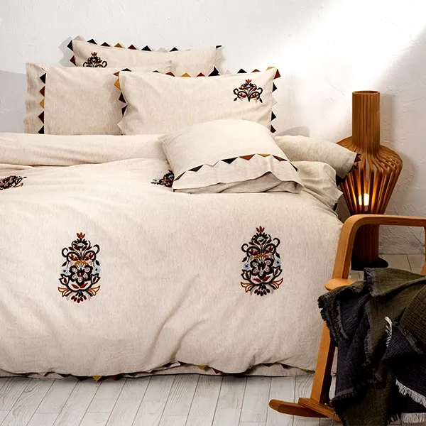 EcoCotton Beria Embroidered Duvet Cover Set - King & Super King - 6Pcs - 100% Organic Cotton Linen - 300 Thread Counts - Beige product thumbnail 4