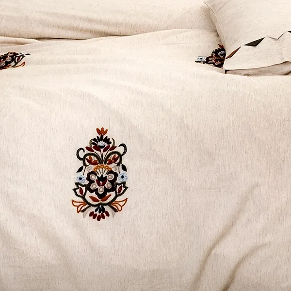 EcoCotton Beria Embroidered Duvet Cover Set - King & Super King - 6Pcs - 100% Organic Cotton Linen - 300 Thread Counts - Beige product thumbnail 2