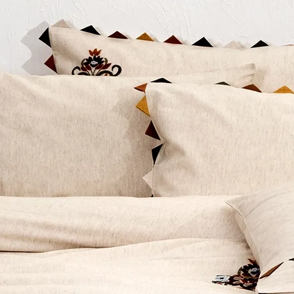 EcoCotton Beria Embroidered Duvet Cover Set - King & Super King - 6Pcs - 100% Organic Cotton Linen - 300 Thread Counts - Beige product thumbnail 3