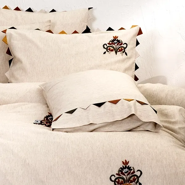EcoCotton Beria Embroidered Duvet Cover Set - King & Super King - 6Pcs - 100% Organic Cotton Linen - 300 Thread Counts - Beige product thumbnail 4