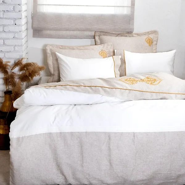 EcoCotton hanzade Embroidered Duvet Cover Set - King & Super King - 6Pcs - 100% Organic Cotton Satin & Linen - 300 Thread Counts - Cream & Gold product thumbnail 4