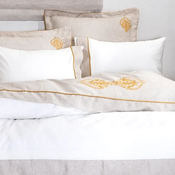 EcoCotton hanzade Embroidered Duvet Cover Set - King & Super King - 6Pcs - 100% Organic Cotton Satin & Linen - 300 Thread Counts - Cream & Gold product thumbnail 2