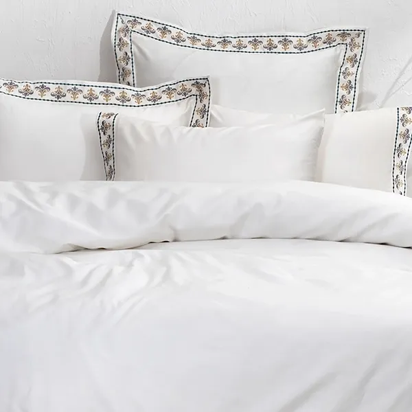 EcoCotton Mira Embroidered Duvet Cover Set - King & Super King - 6Pcs - 100% Organic Cotton Satin - 300 Thread Counts - Cream product thumbnail 2
