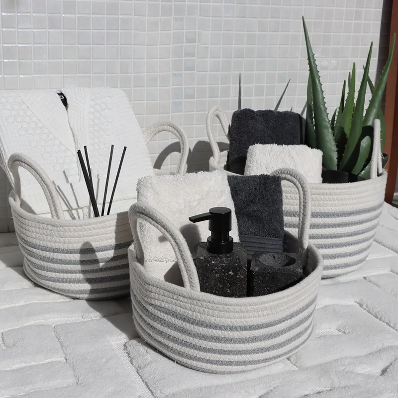 Weva Solace Cotton Storage Basket With Handle Set - 100% Cotton - 3 Pcs - White & Grey product thumbnail 2