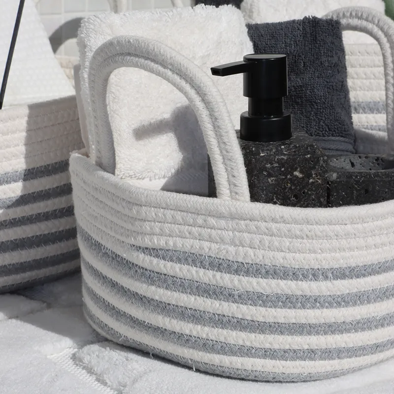 Weva Solace Cotton Storage Basket With Handle Set - 100% Cotton - 3 Pcs - White & Grey product thumbnail 3