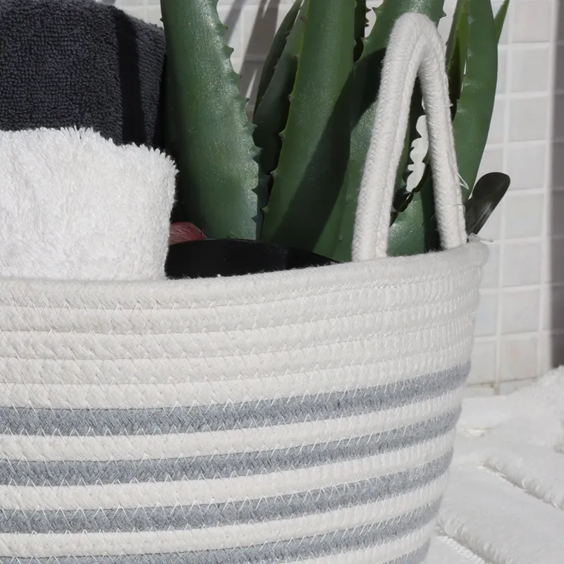 Weva Solace Cotton Storage Basket With Handle Set - 100% Cotton - 3 Pcs - White & Grey product thumbnail 4