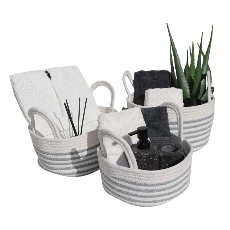 Weva Solace Cotton Storage Basket With Handle Set - 100% Cotton - 3 Pcs - White & Grey product thumbnail 4