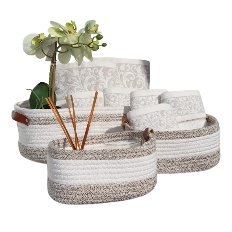 Weva Serene Cotton Storage Basket With Leather Handle Set - 100% Cotton - 3 Pcs - White/Brown product thumbnail 2
