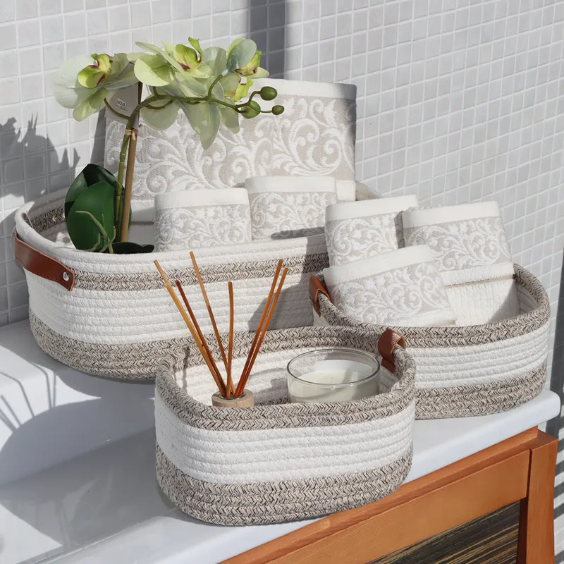 Weva Serene Cotton Storage Basket With Leather Handle Set - 100% Cotton - 3 Pcs - White/Brown product thumbnail 3