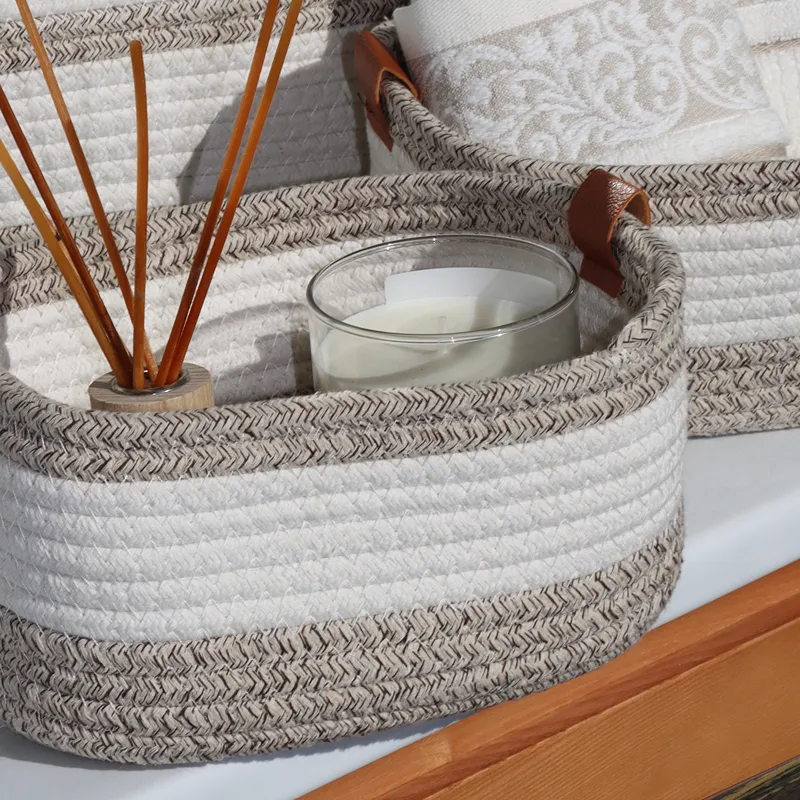 Weva Serene Cotton Storage Basket With Leather Handle Set - 100% Cotton - 3 Pcs - White/Brown product thumbnail 4