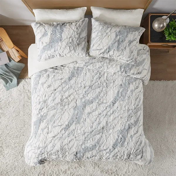 Nova Home Marble Printed Fur Comforter Set - King & Super King - 6Pcs - Grey product thumbnail 2