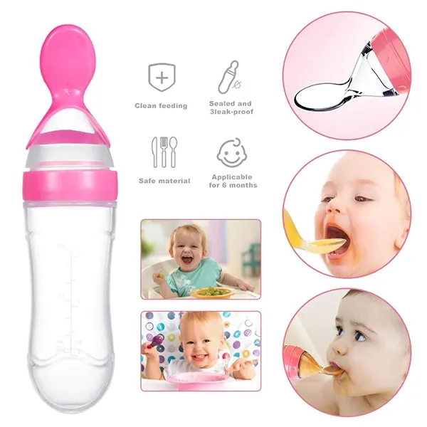 Babyjem Silicone Squeeze Feeding Bottle With Spoon - 90 ML - Pink product thumbnail 2