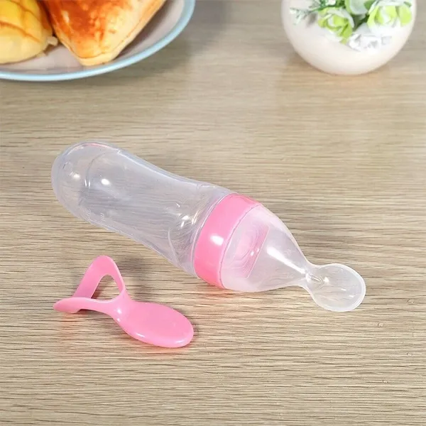 Babyjem Silicone Squeeze Feeding Bottle With Spoon - 90 ML - Pink product thumbnail 4