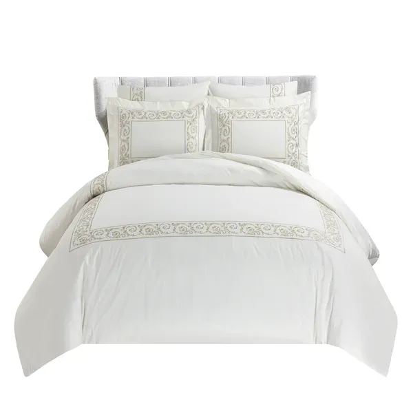 Nova Paisley Embroidery Duvet Cover Set - 100% Cotton, 200 Thread - 6 Pcs - King & Super King - White & Gold product thumbnail 10