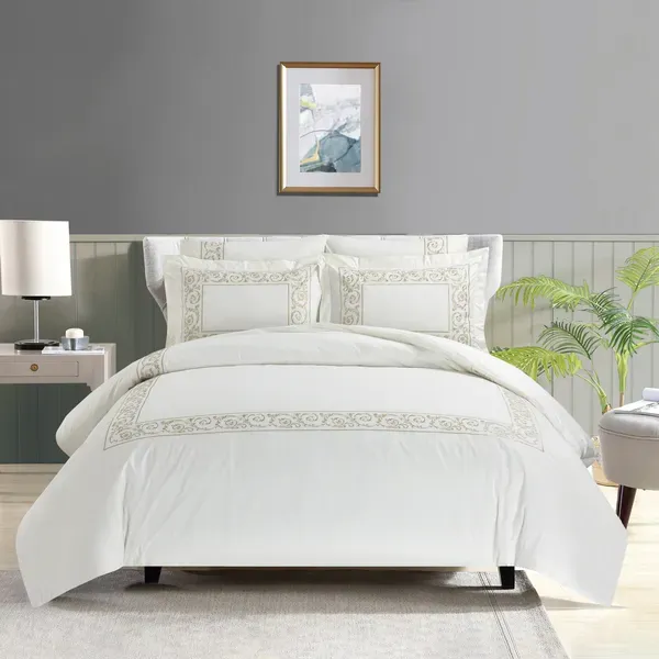 Nova Paisley Embroidery Duvet Cover Set - 100% Cotton, 200 Thread - 6 Pcs - King & Super King - White & Gold product thumbnail 2