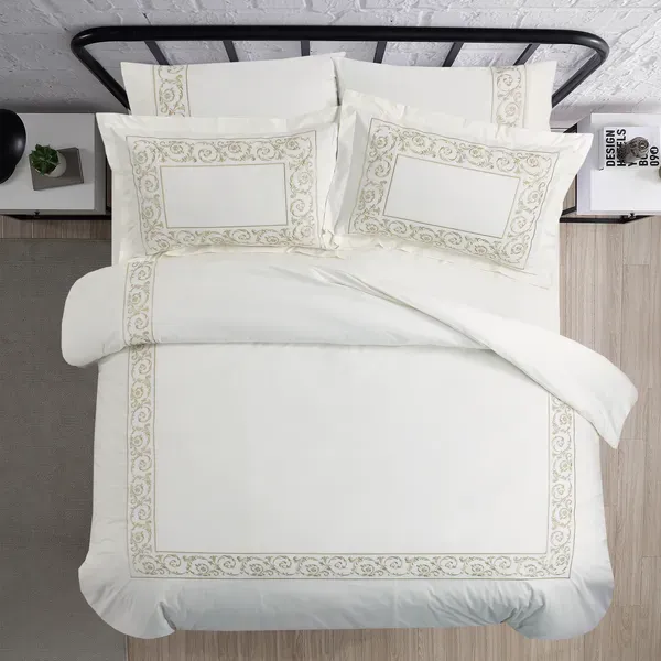 Nova Paisley Embroidery Duvet Cover Set - 100% Cotton, 200 Thread - 6 Pcs - King & Super King - White & Gold product thumbnail 3