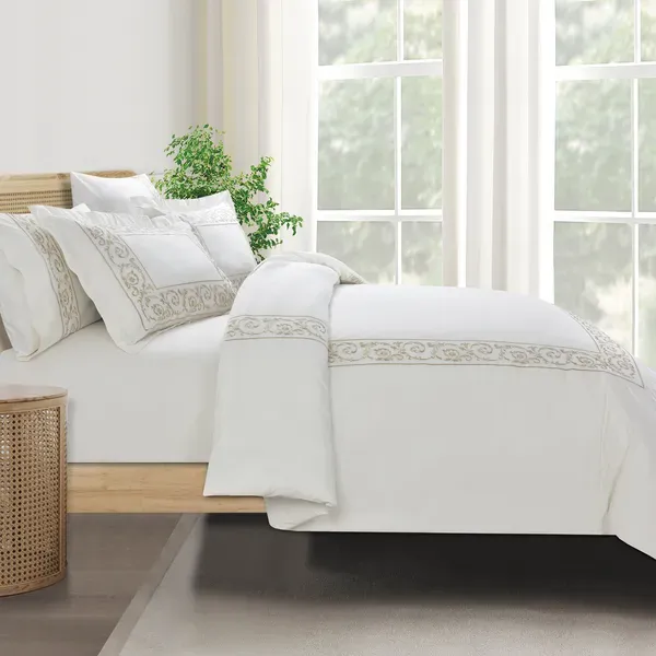 Nova Paisley Embroidery Duvet Cover Set - 100% Cotton, 200 Thread - 6 Pcs - King & Super King - White & Gold product thumbnail 4