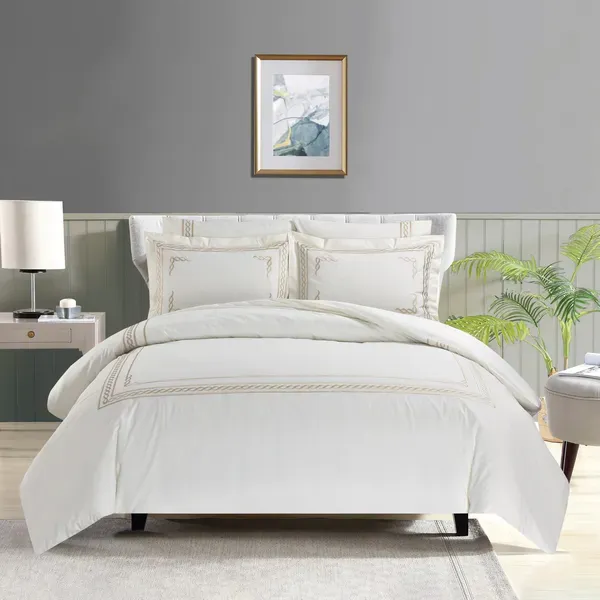 Nova Chain Embroidery Duvet Cover Set - 100% Cotton, 200 Thread - 6 Pcs - King & Super King - White & Gold product thumbnail 2