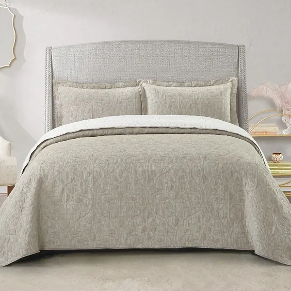 Nova Home Petal Poly Cotton Jaquard Reversible Bed Spread Set - 2Pcs - Single & Twin - Beige product thumbnail 4