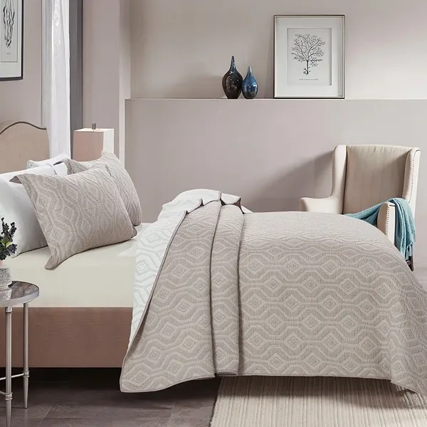 Nova Home Prismo Poly Cotton Jaquard Reversible Bed Spread Set - 3Pcs - King & Super King - Brown product thumbnail 4