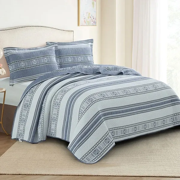 Nova Home Facetique Poly Cotton Jaquard Reversible Bed Spread Set - 3Pcs - King & Super King - Blue product thumbnail 2
