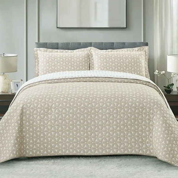 Nova Home Rosetex Poly Cotton Jaquard Reversible Bed Spread Set - Beige (Available In Sizes) product thumbnail 4