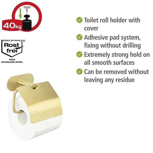 Wenko Orea Turbo-Loc Toilet Paper Holder with Cover - Stainless Steel - Gold Matt (No Drilling) product thumbnail 6