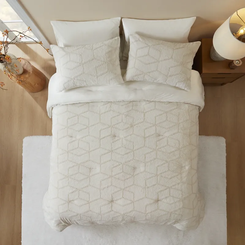 Nova Home Geotri Winter Embroidered Fur Comforter Set with Micro Mink Backing - Ivory (Available In Sizes) product thumbnail 2
