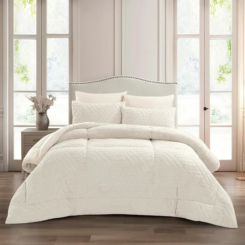 Nova Home Chevrone Winter Jaquard Fur Comforter Set with Soft Mink Backing - Ivory (Available In Sizes) product thumbnail 2