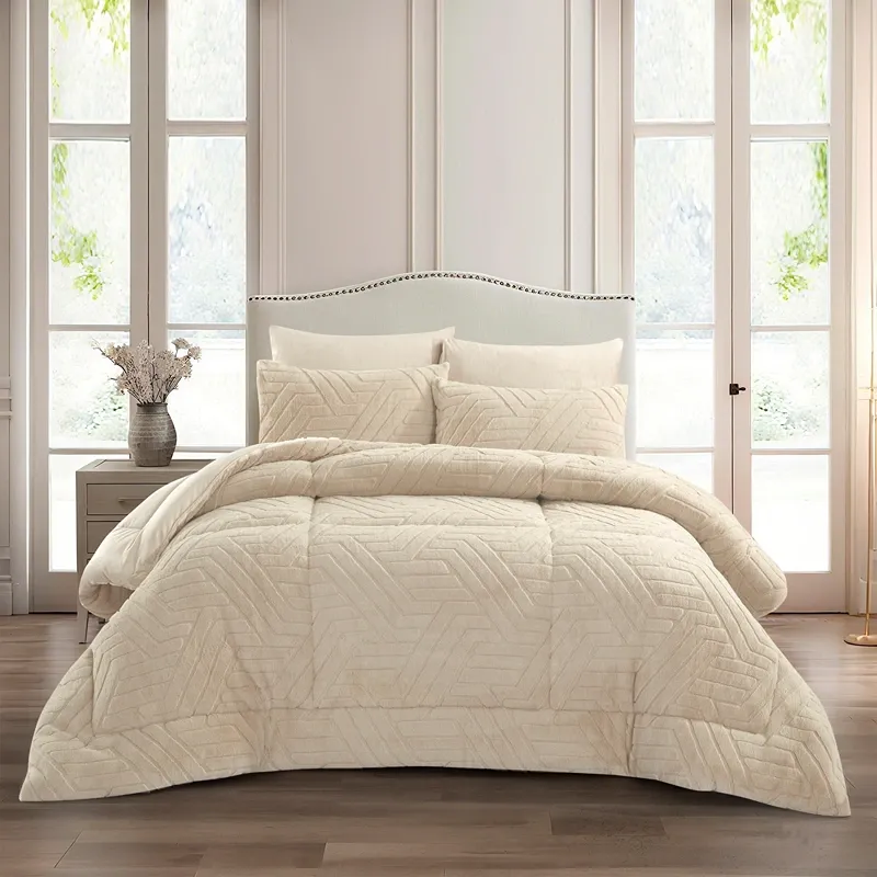 Nova Home Chevrone Winter Jaquard Fur Comforter Set with Soft Mink Backing - Beige (Available In Sizes) product thumbnail 2