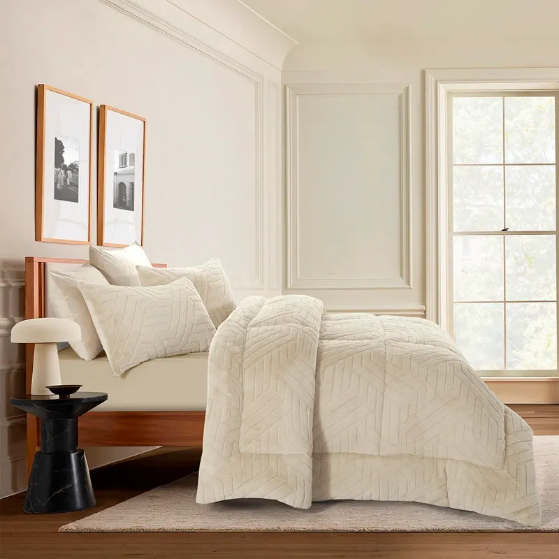Nova Home Chevrone Winter Jaquard Fur Comforter Set with Soft Mink Backing - Beige (Available In Sizes) product thumbnail 3