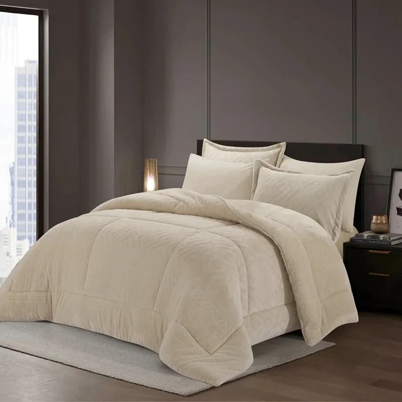 Nova Home Froska Winter Embossed Flannel Comforter Set with Soft Fur Backing - King/Super King - Beige product thumbnail 2