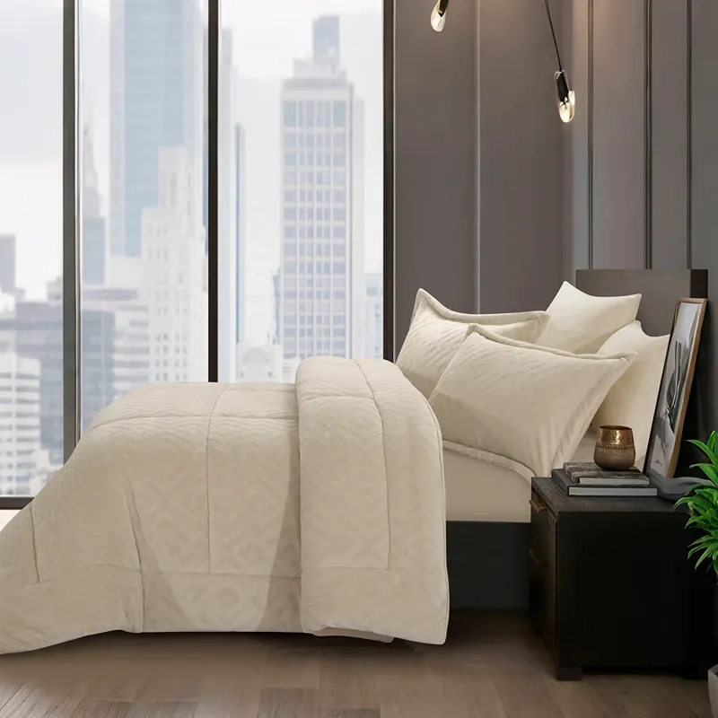 Nova Home Froska Winter Embossed Flannel Comforter Set with Soft Fur Backing - King/Super King - Beige product thumbnail 3
